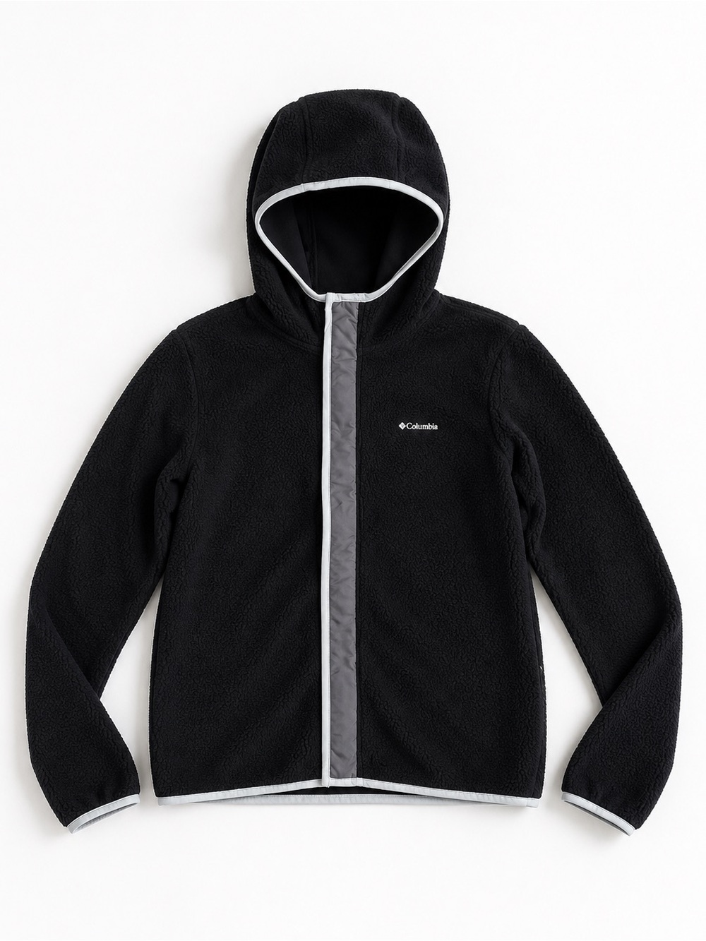 Columbia Hooded Sherpa Fleece Jacket Black Gray Full Zip Youth Large 14/16